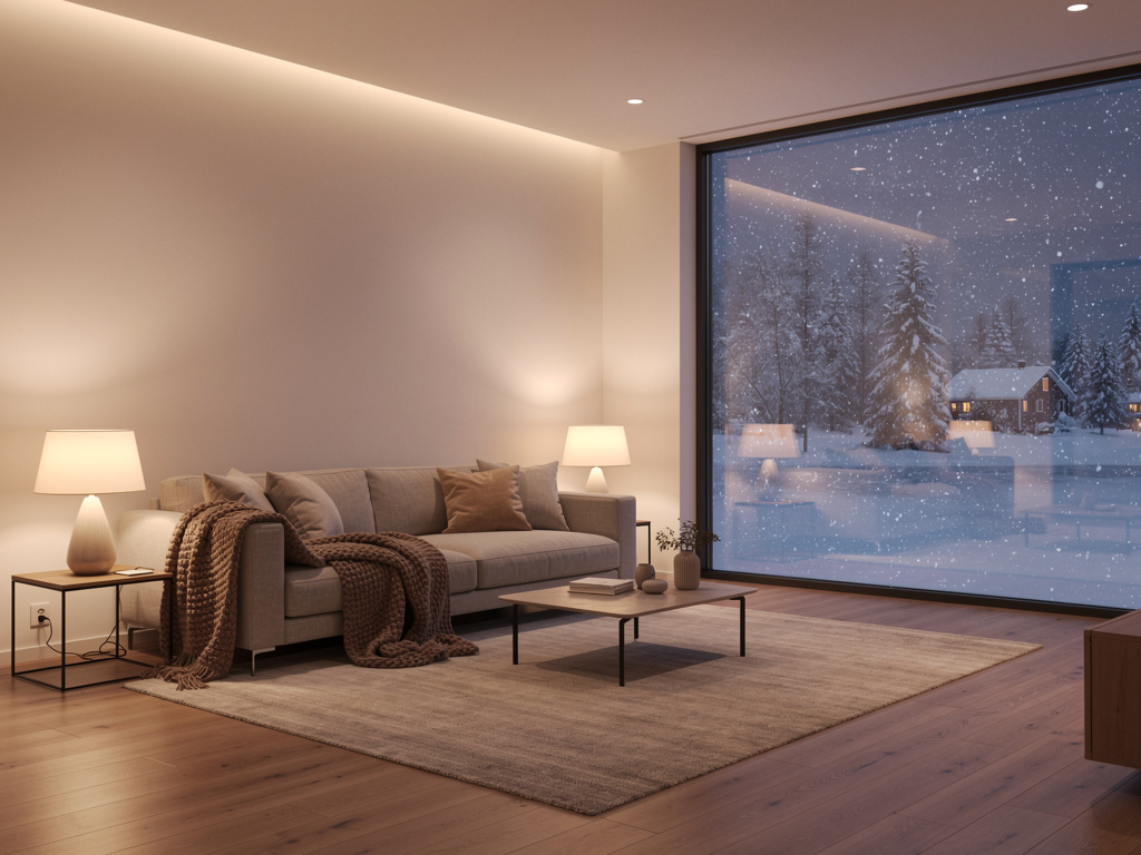 Page 4  
Text: We put on warm clothes—jackets, scarves, gloves, and boots. It was very cold outside.  
Illustration: The fami