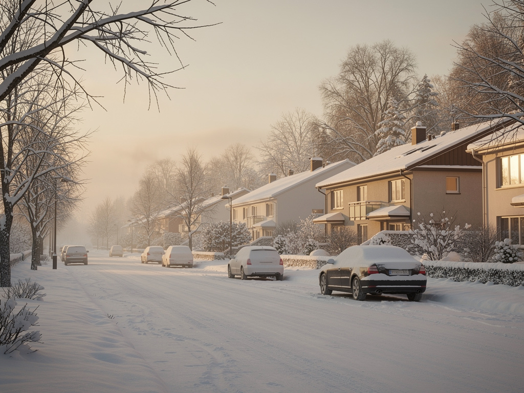 Page 5  
Text: Everything was white. The streets, the trees, the cars, and the roofs were covered in snow.  
Illustration: A 
