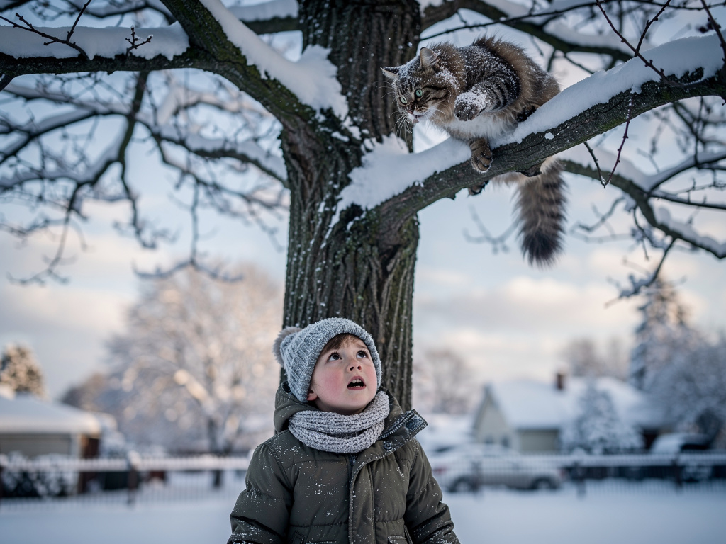 Page 8  
Text: We looked up. Kitty was stuck in a tree! Her paws were cold, and she looked scared.  
Illustration: Kitty clin