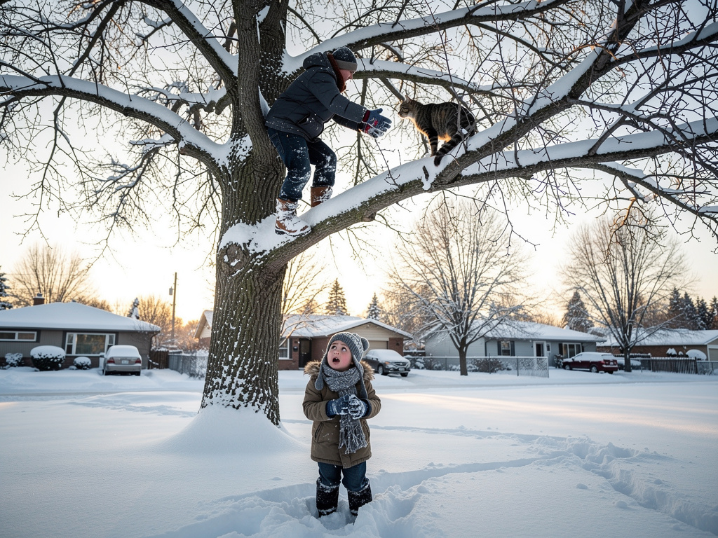 Page 9  
Text: Daddy climbed up carefully. Step by step, he went higher. He reached out and rescued Kitty.  
Illustration: Da