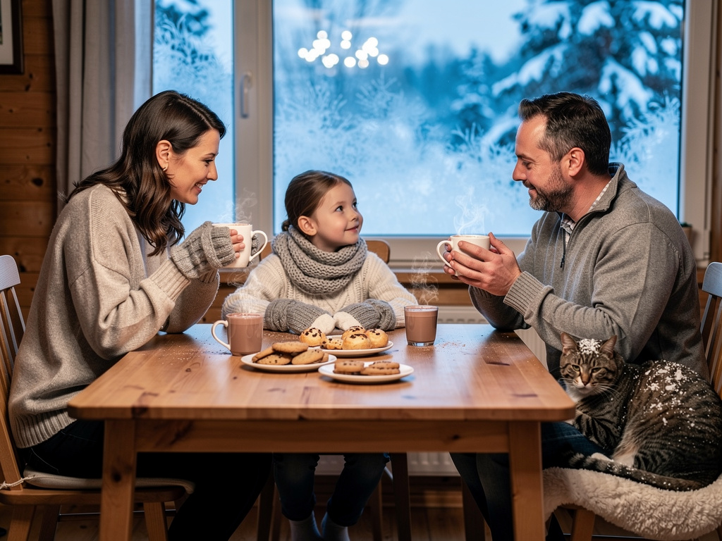 Page 11
Text: We went home. Mommy made hot chocolate for everyone. The cups were warm, and the chocolate was sweet.
Illus