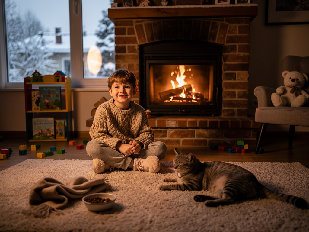 Page 12
Text: Kitty curled up by the fire. She purred softly, “Meow, meow.” She was happy again.
Illustration: Kitty lyin
