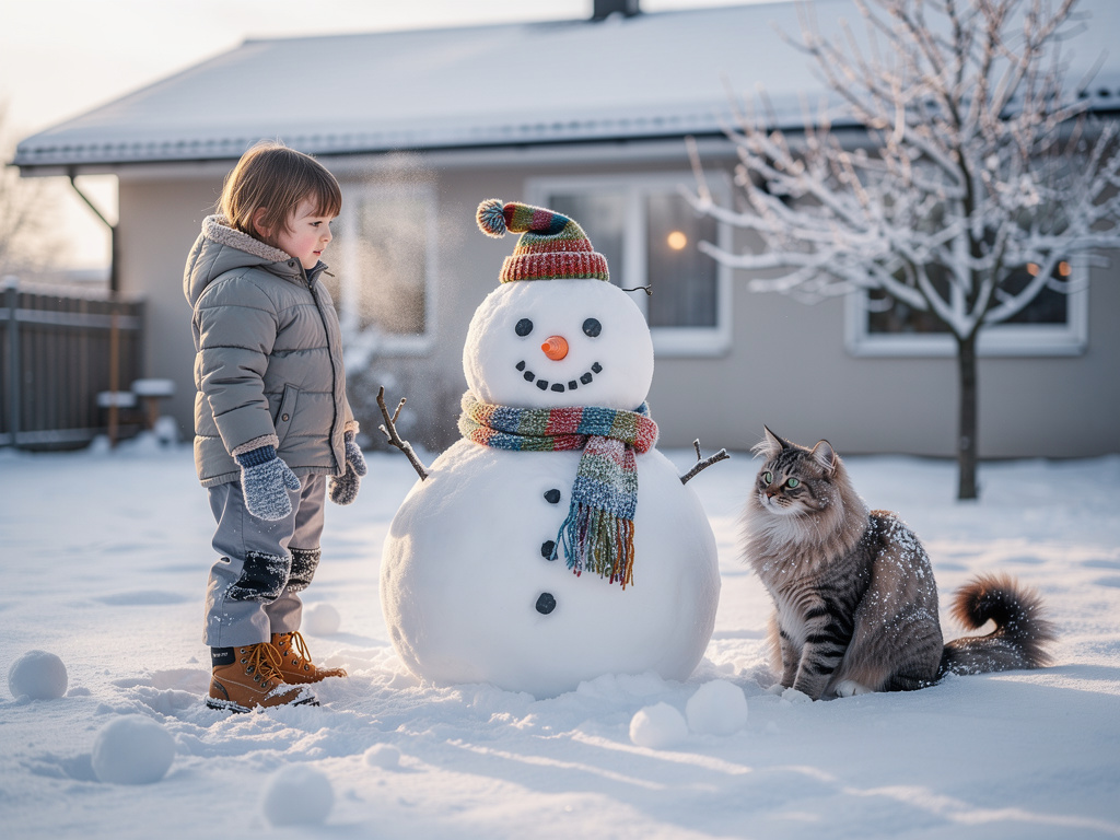 Page 14
Text: The snowman had a carrot nose, a scarf, and a funny hat. Kitty sat beside him, watching us play.
Illustrati