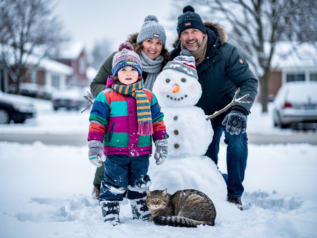 Page 15
Text: Kitty was safe. We were happy. It was the best winter day!
Illustration: The family smiling together in fro