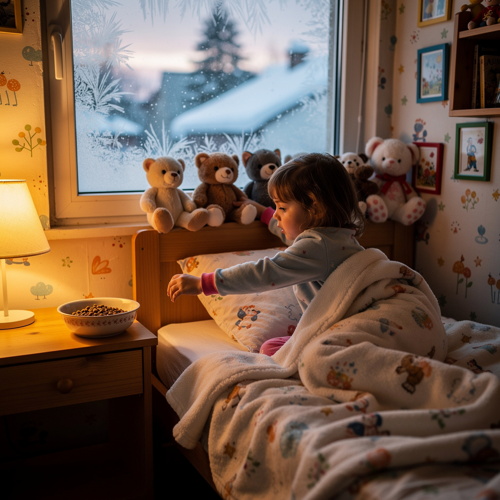 Imagine if: Page 1  
Text: One cold winter morning, I woke up early. I wanted to feed my cat, Kitty.  
Illustration: A child 