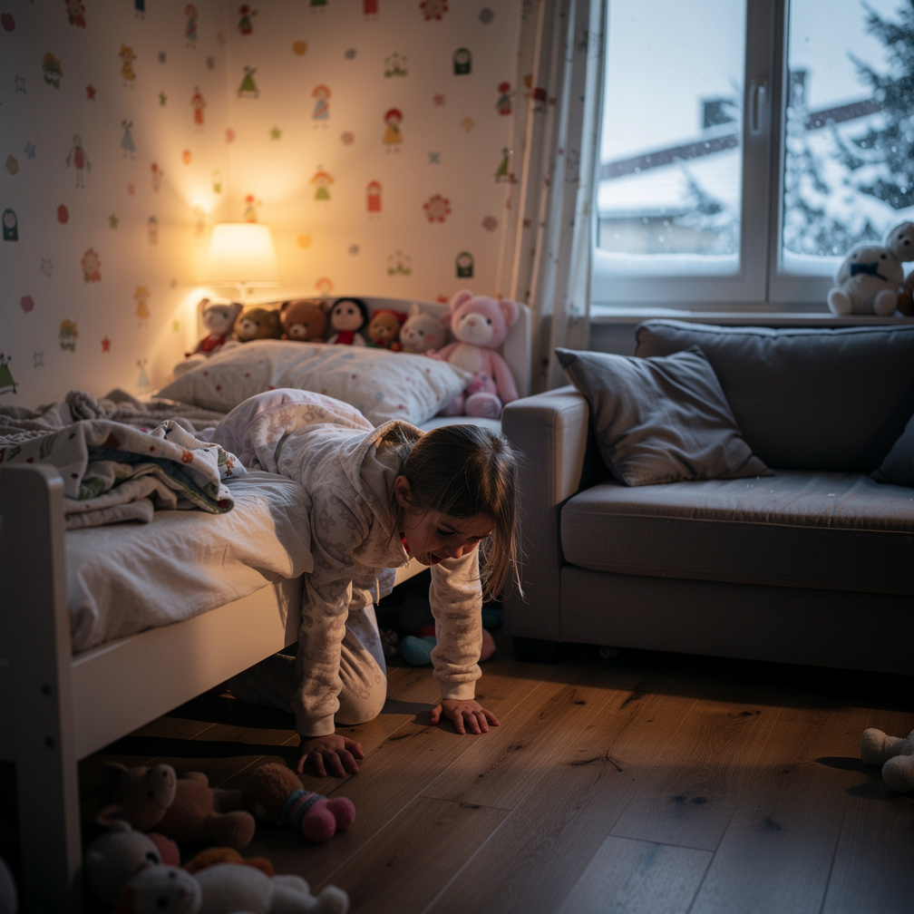 Page 2  
Text: But Kitty was gone! I looked under the bed. I looked behind the couch. No Kitty!  
Illustration: The child pee