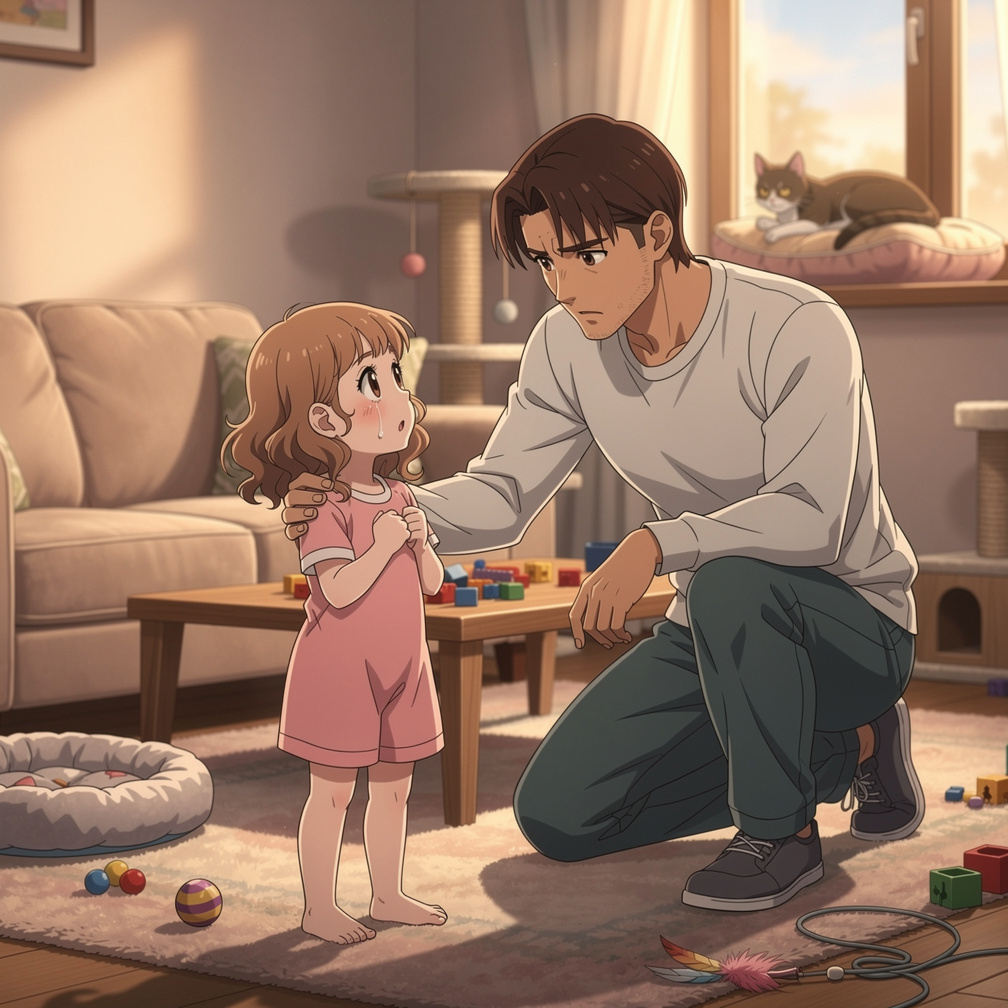 Page 3  
Text: I told Daddy, “Kitty is missing!” Daddy said, “Let’s go and find her.”  
Illustration: Daddy kneeling down, li