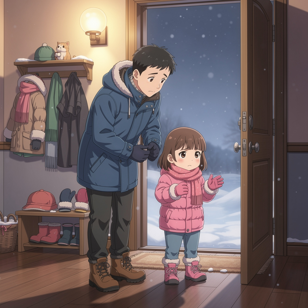 Page 4  
Text: We put on warm clothes—jackets, scarves, gloves, and boots. It was very cold outside.  
Illustration: The fami