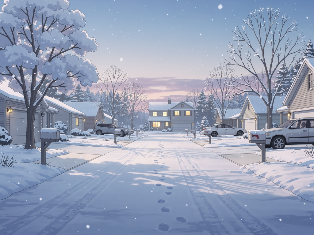 Page 5  
Text: Everything was white. The streets, the trees, the cars, and the roofs were covered in snow.  
Illustration: A 