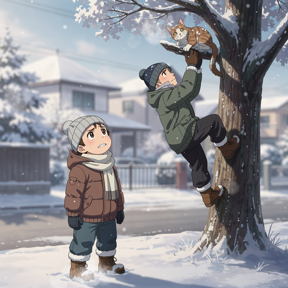 Page 9  
Text: Daddy climbed up carefully. Step by step, he went higher. He reached out and rescued Kitty.  
Illustration: Da