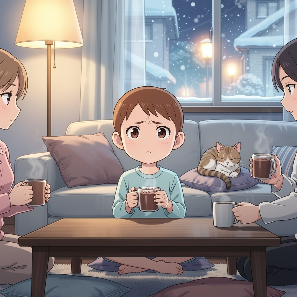 Page 11  
Text: We went home. Mommy made hot chocolate for everyone. The cups were warm, and the chocolate was sweet.  
Illus