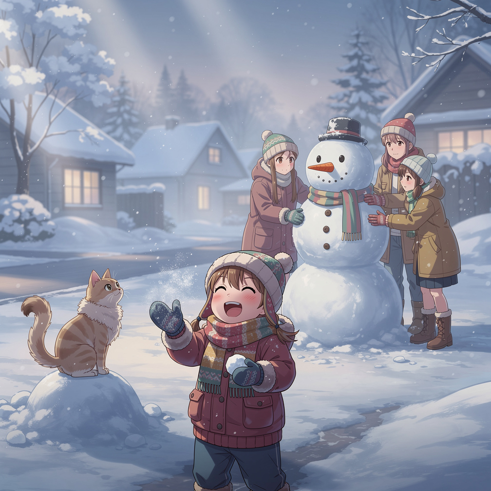 Page 13
Text: Then we went outside. We played in the snow. We threw snowballs. We built a big snowman.
Illustration: The