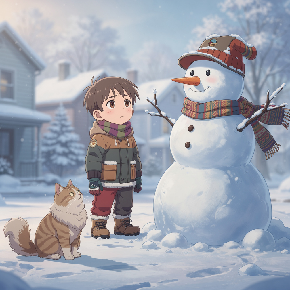 Page 14
Text: The snowman had a carrot nose, a scarf, and a funny hat. Kitty sat beside him, watching us play.
Illustrati
