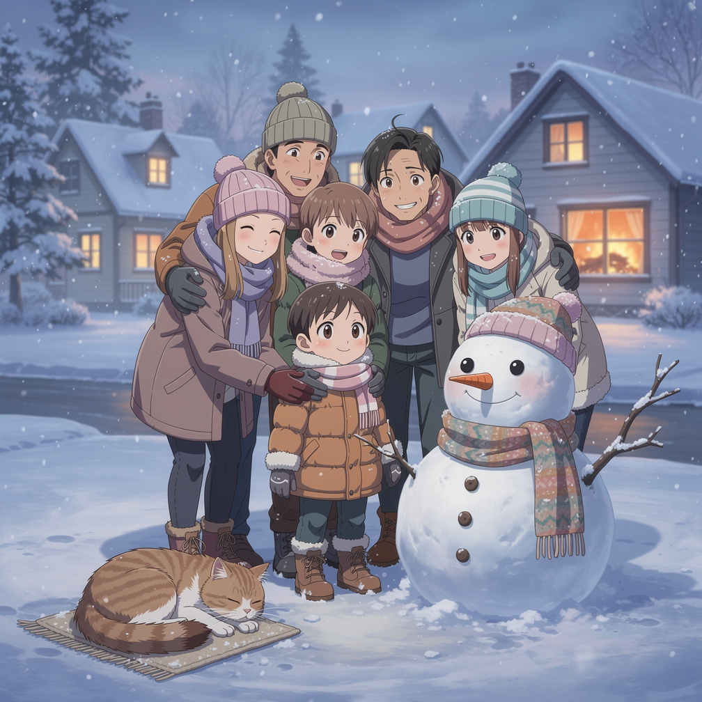 Page 15
Text: Kitty was safe. We were happy. It was the best winter day!
Illustration: The family smiling together in fro