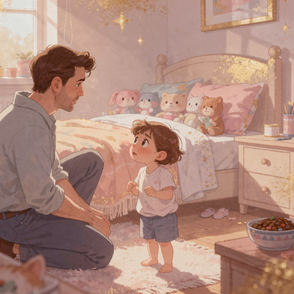 Page 3  
Text: I told Daddy, “Kitty is missing!” Daddy said, “Let’s go and find her.”  
Illustration: Daddy kneeling down, li