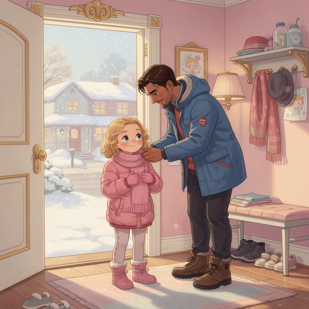 Page 4  
Text: We put on warm clothes—jackets, scarves, gloves, and boots. It was very cold outside.  
Illustration: The fami