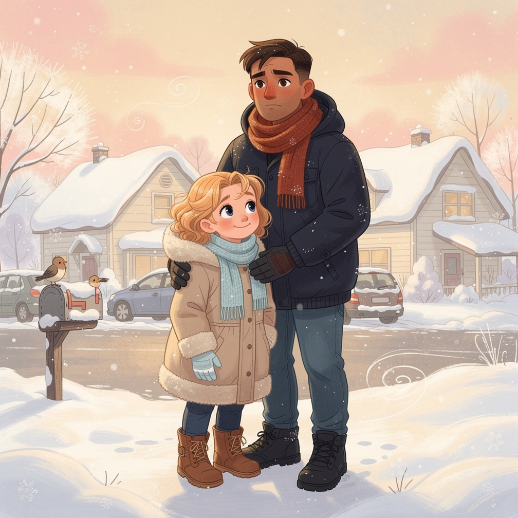 Page 5  
Text: Everything was white. The streets, the trees, the cars, and the roofs were covered in snow.  
Illustration: A 