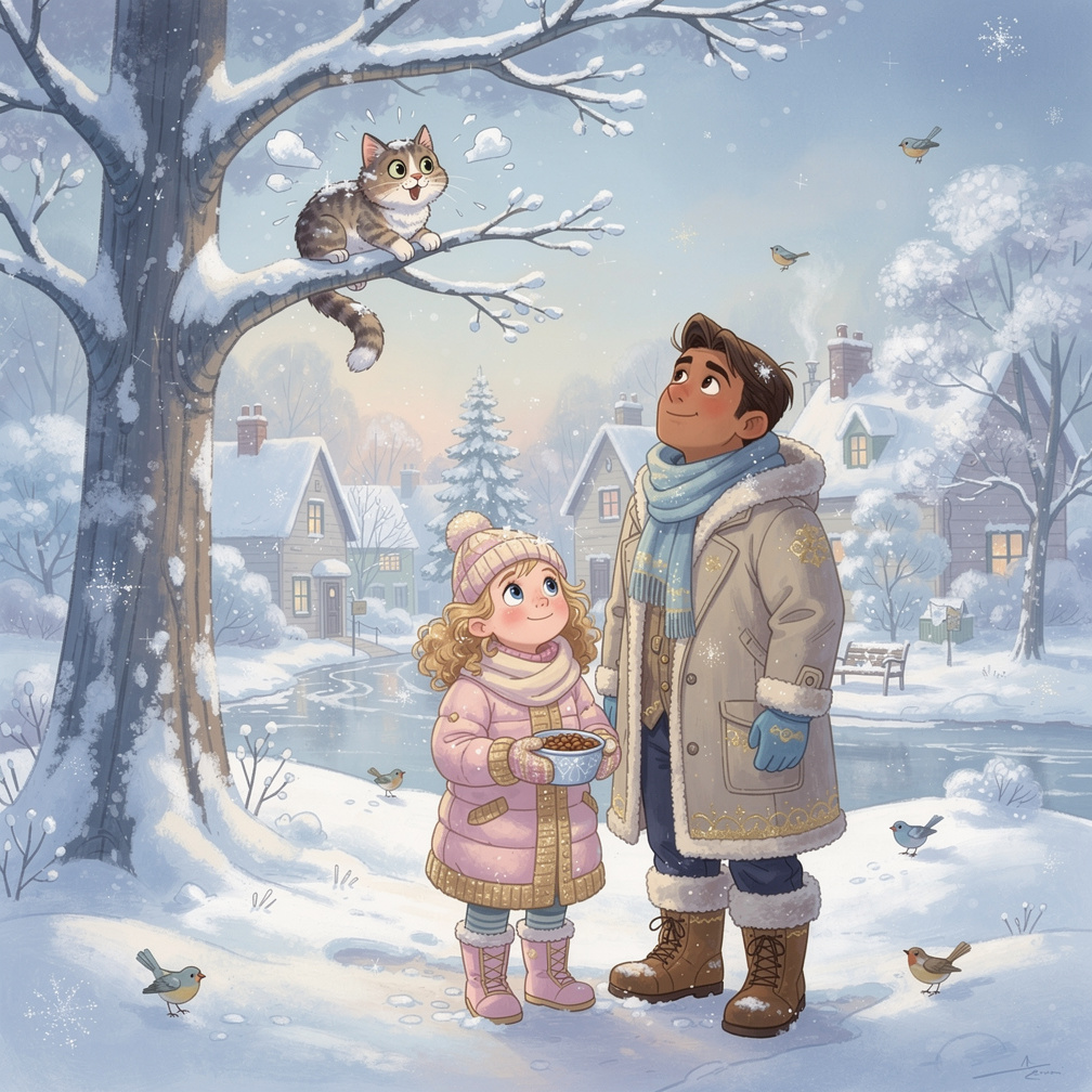 Page 8  
Text: We looked up. Kitty was stuck in a tree! Her paws were cold, and she looked scared.  
Illustration: Kitty clin