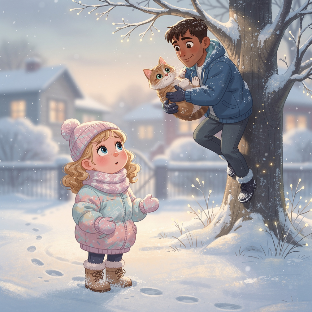 Page 9  
Text: Daddy climbed up carefully. Step by step, he went higher. He reached out and rescued Kitty.  
Illustration: Da