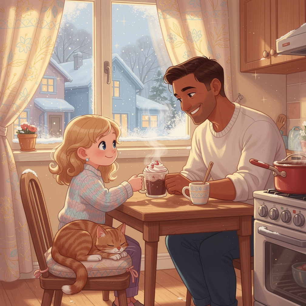 Page 11
Text: We went home. Mommy made hot chocolate for everyone. The cups were warm, and the chocolate was sweet.
Illus