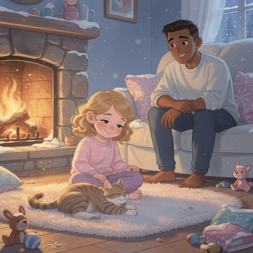 Page 12
Text: Kitty curled up by the fire. She purred softly, “Meow, meow.” She was happy again.
Illustration: Kitty lyin