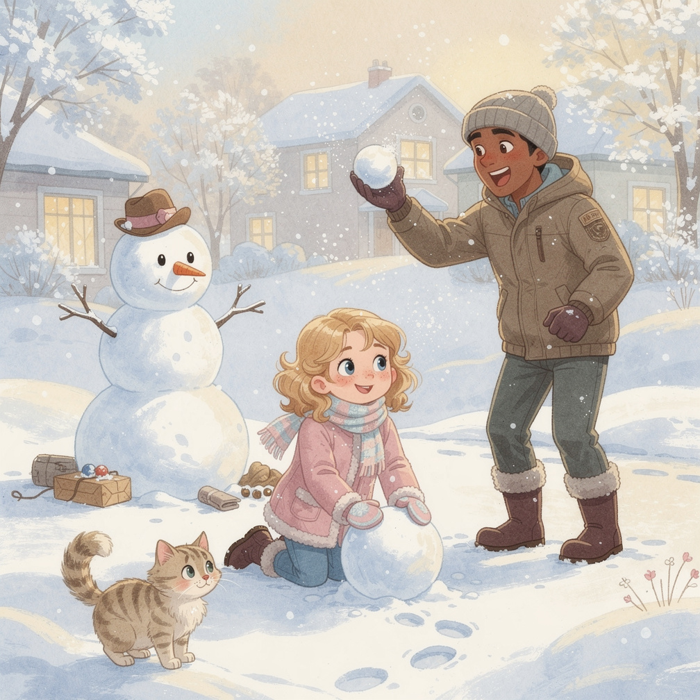 Page 13
Text: Then we went outside. We played in the snow. We threw snowballs. We built a big snowman.
Illustration: The