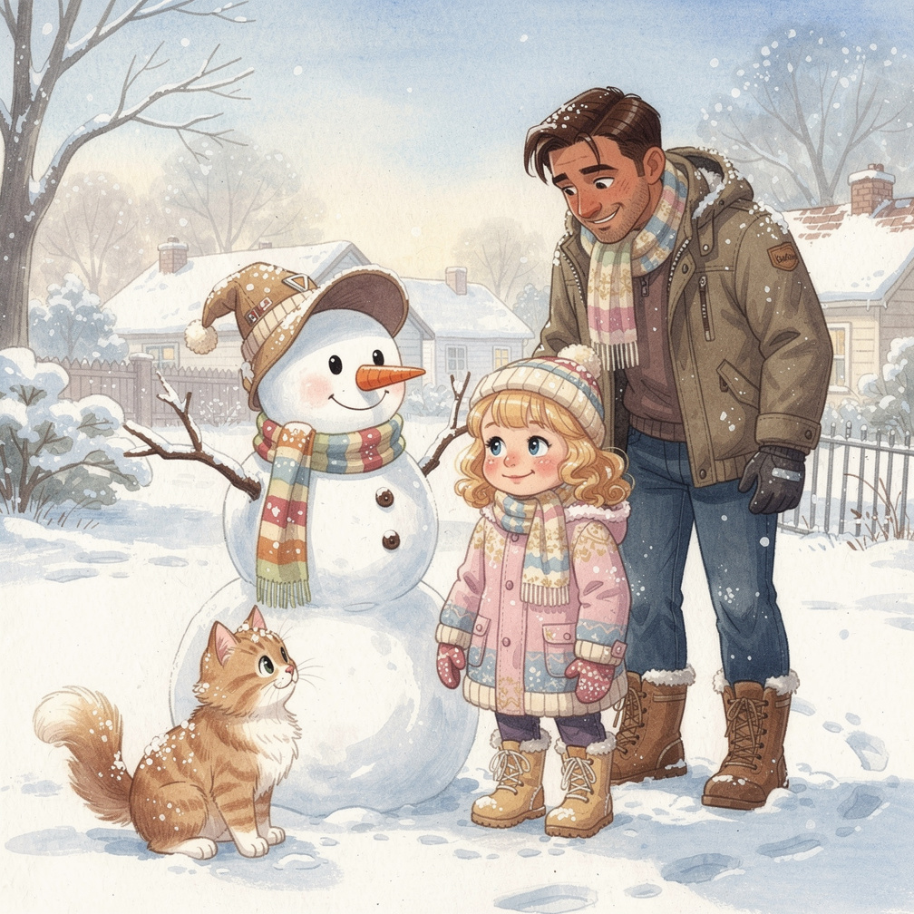 Page 14
Text: The snowman had a carrot nose, a scarf, and a funny hat. Kitty sat beside him, watching us play.
Illustrati