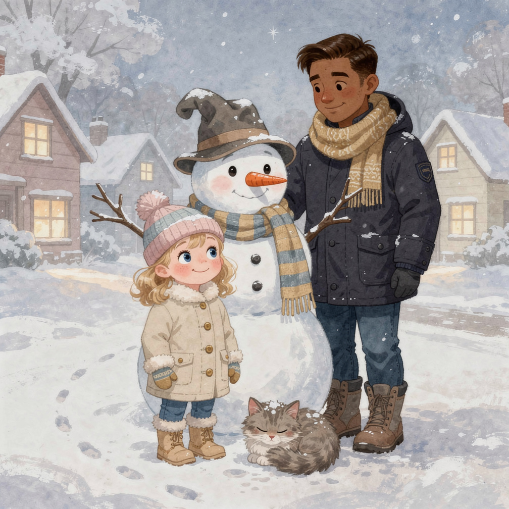 Page 15
Text: Kitty was safe. We were happy. It was the best winter day!
Illustration: The family smiling together in fro