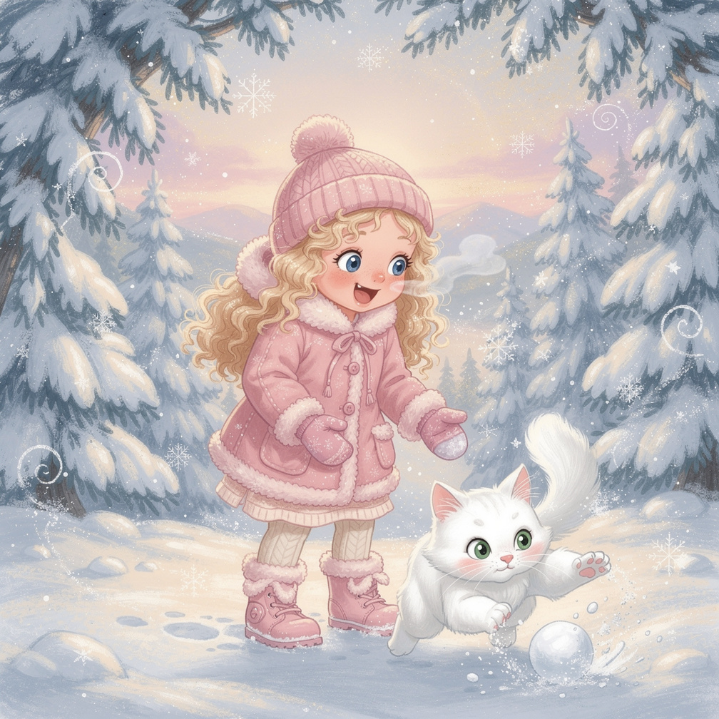 Girl and a cat in the snow.