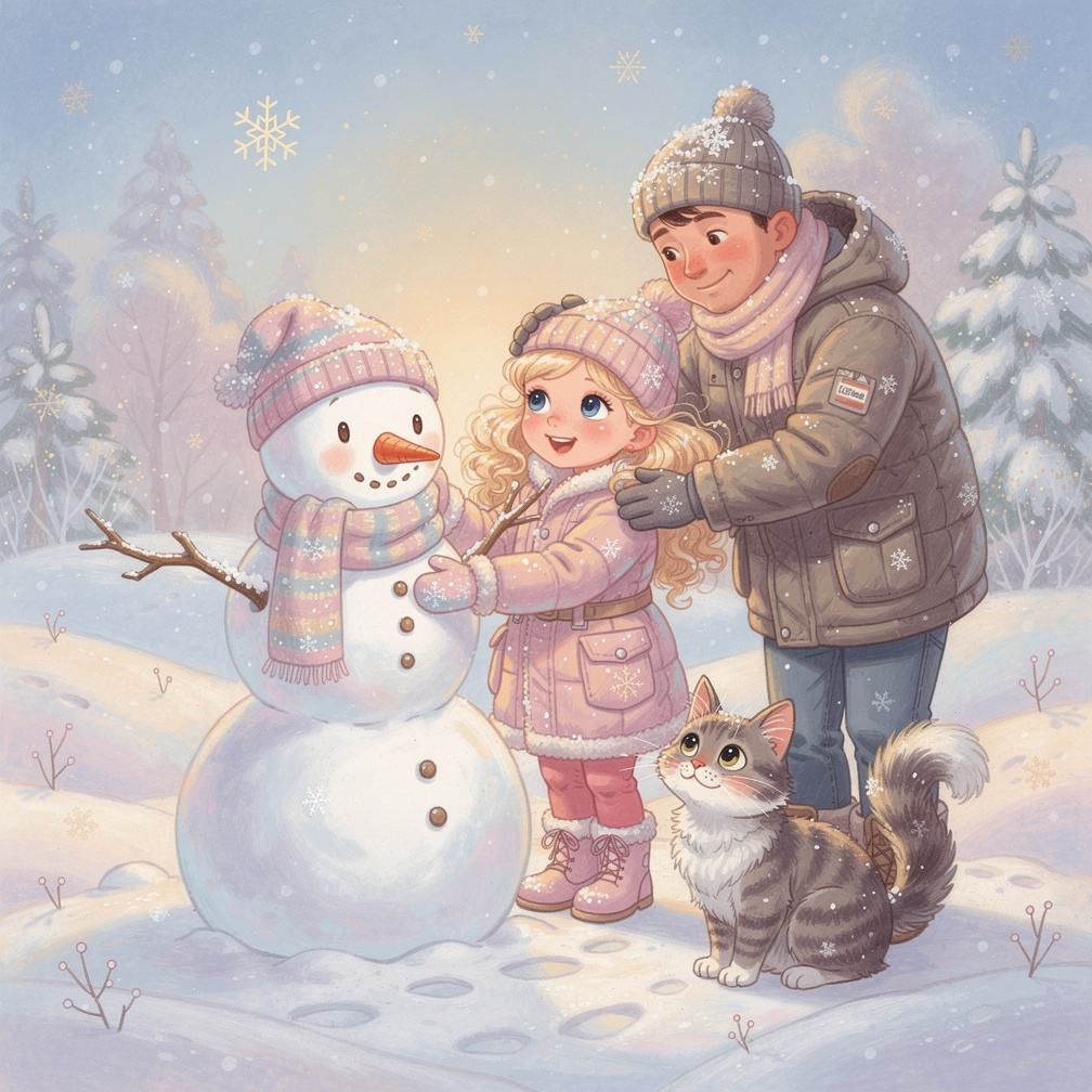 Dad, girl and cat standing next to a snowman