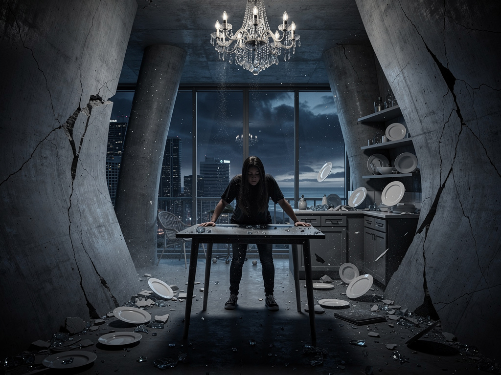 Ve o devasa enerji boşaldı. Binanın kolonları çatırdamaya, mutfaktaki tabaklar birer birer yere inmeye başladı. Elektrikler k