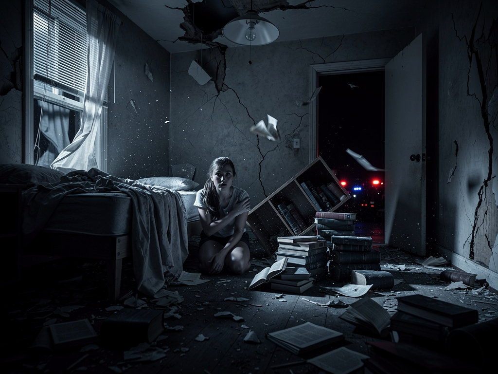 Ezbere bildiğin o güvenli alana, yatağın yanındaki boşluğa sığındın. Üstüne devrilen kitaplığın gürültüsüyle sarsıldın. Tek d