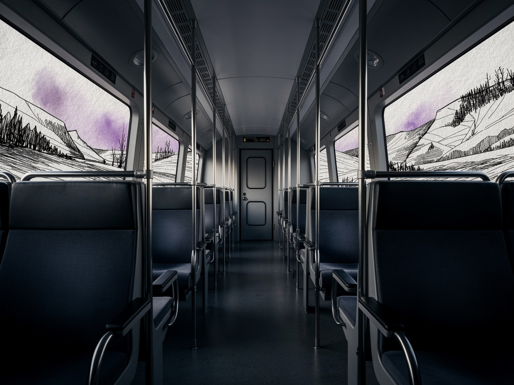 PANEL 2
Medium shot inside the train. The windows show landscapes that look like drawings on paper—sharp lines, paper texture