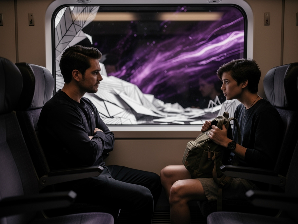 PAINEL 3
Close-up: X!Circle Mednes sitting with arms crossed, serious expression. His eyes reflect the passing colors. Next t