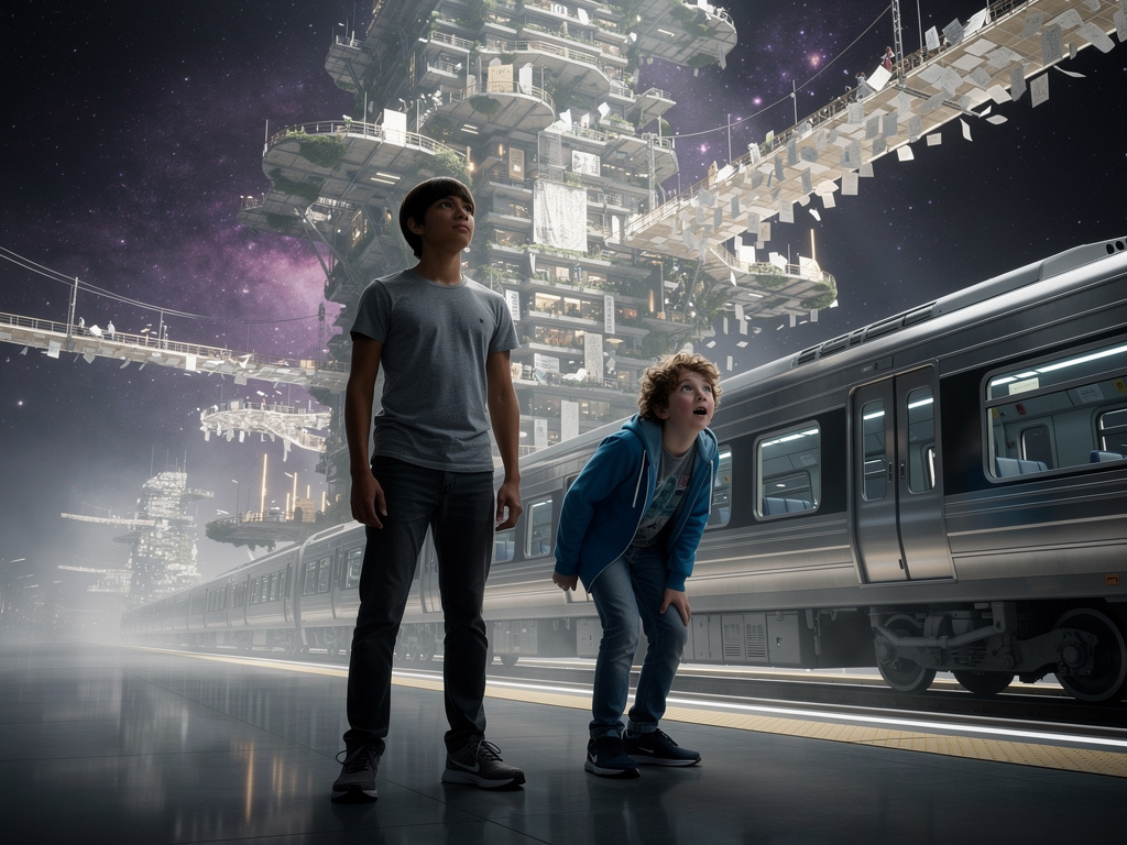 PAINEL 1
Wide shot: The train arrives at a massive station. Above, the school building stretches impossibly high—floating str