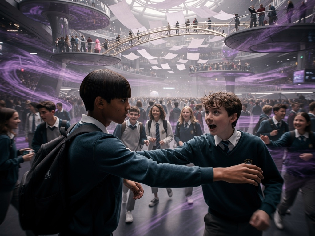 Crowd scene: Hundreds of students walking, talking, moving in all directions. Mednes and Abbie get separated by the flow of p