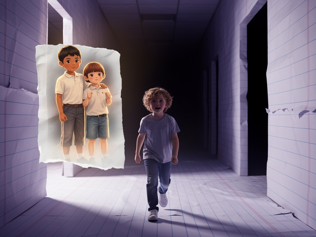 PAGE 3
 
PANEL 1
Soft glow effect, colors fade to lighter tones. Abbie walks through corridors lined like notebook paper, but