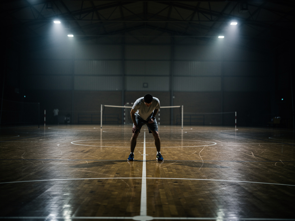 Imagine se: O cenário agora é a quadra poliesportiva durante um treino noturno. O clima é pesado, com o som do eco das sapati