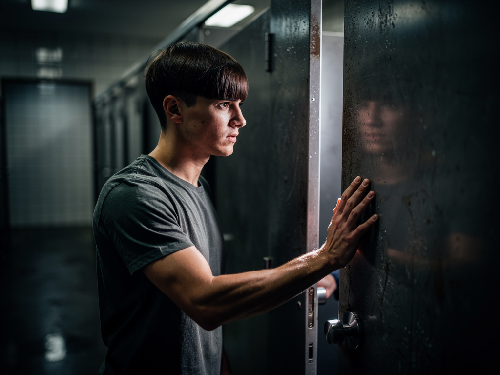 Cena 4: O Confronto no Escuro
Léo está encolhido no último box, tentando controlar a respiração que sai como fumaça. Marcos p