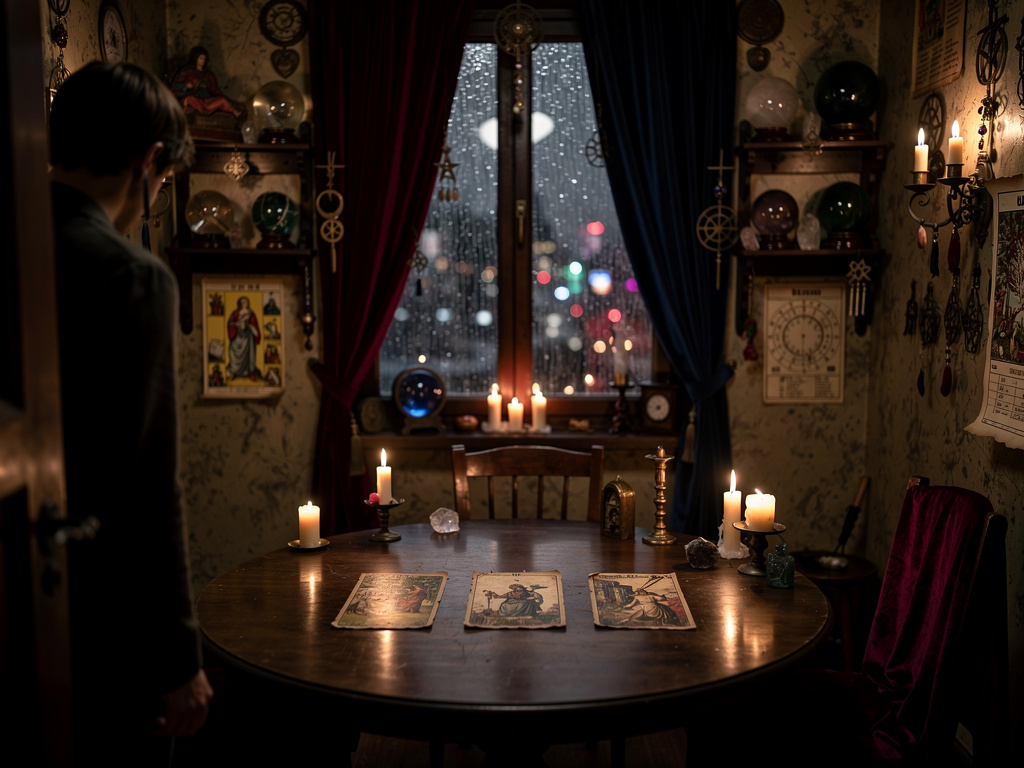 Imagina si: Durante la lluvia encuentras una tienda y cuando entras solo es una habitación con decorado de tienda de adivinac