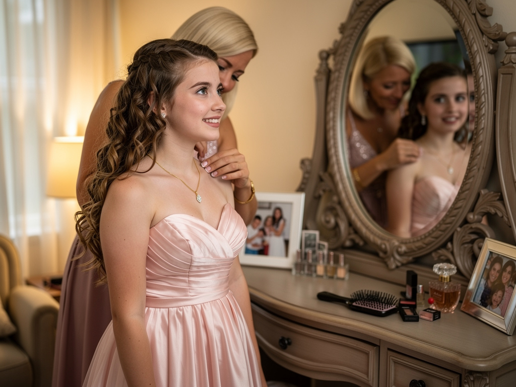 Imagina si: Te preparas para el baile de graduación cuando tu madre te da un collar especial para la buena suerte.