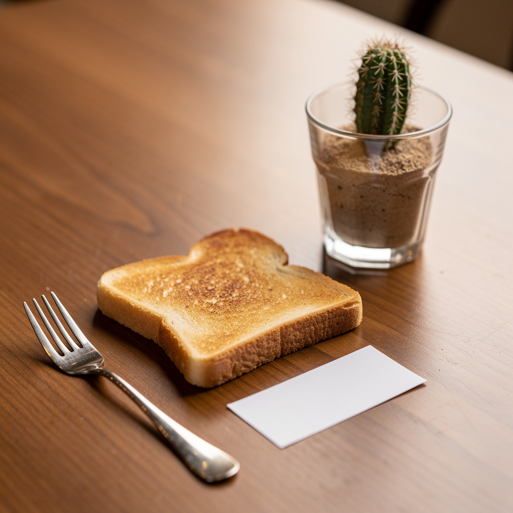 A tiny fork lies beside the toast, and a small note reads Eat Me.