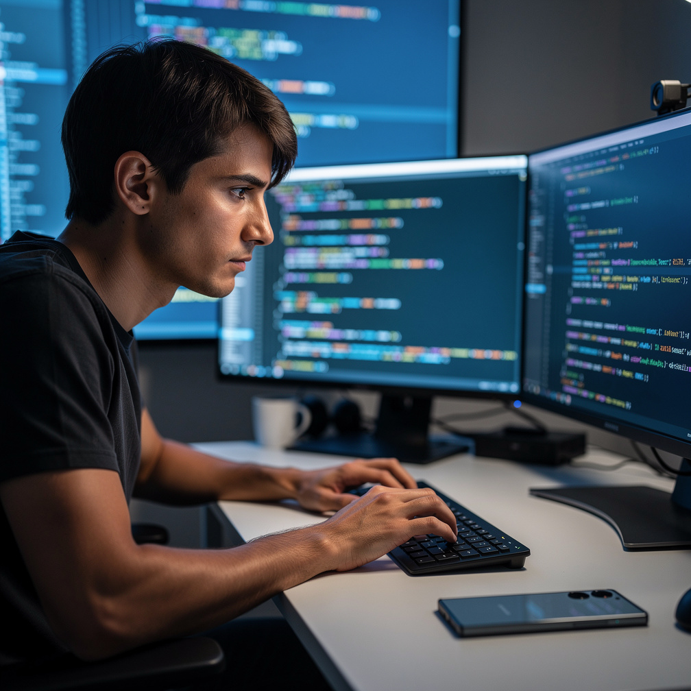 His fingers flew across the keyboard as lines of code streamed onto the monitor, the glow illuminating his intense face. Sudd