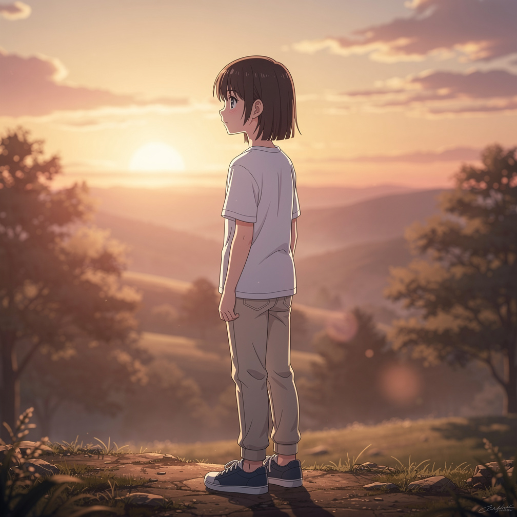 Golden hues danced across his face as he stood there, his eyes fixed on the fading light.