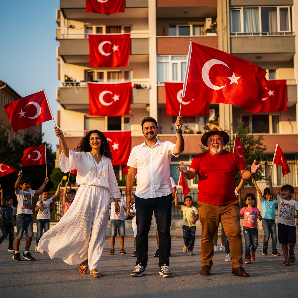 Grubun içinde çocuklar da var ve onlar bayrakları havaya kaldırarak Türkiye'nin zaferini kutluyorlar.