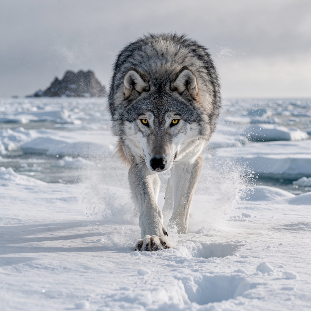 He trudged on frozen sea, icy winds howling, as he spotted a dark shape in distance, possibly land or salvation.