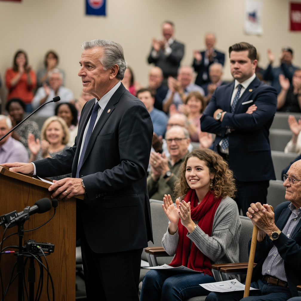 The room erupts in applause, but a wealthy businessman in the back scoffs loudly, crossing his arms.