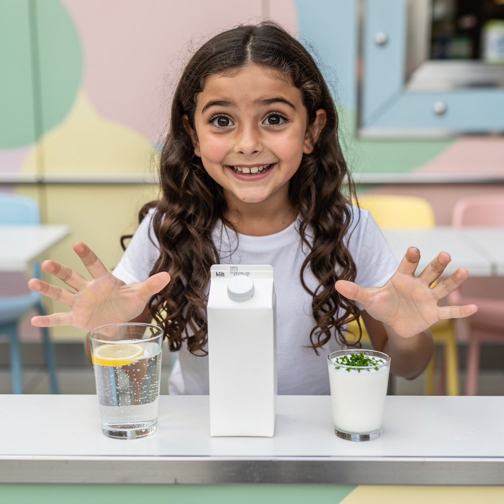 Kız dondurmanın acısına dayanamayıp su içmek istiyor ve bu sırada üç seçeneğe geliyor: limonlu su, süt ve ayran.