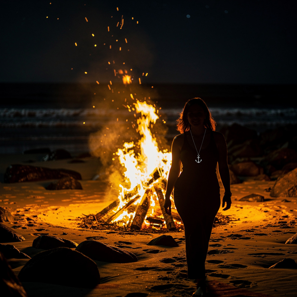 As I approach the bonfire, a figure emerges from the shadows, the anchor pendant glinting in the firelight, and our eyes meet