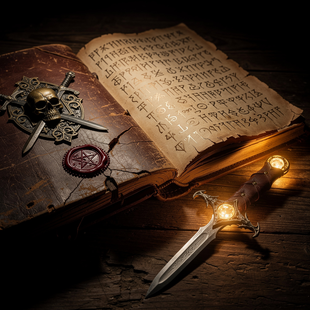 匕首柔和地发光，照亮了手写的文字，这些文字开始变化，揭示了一个隐藏的秘密。